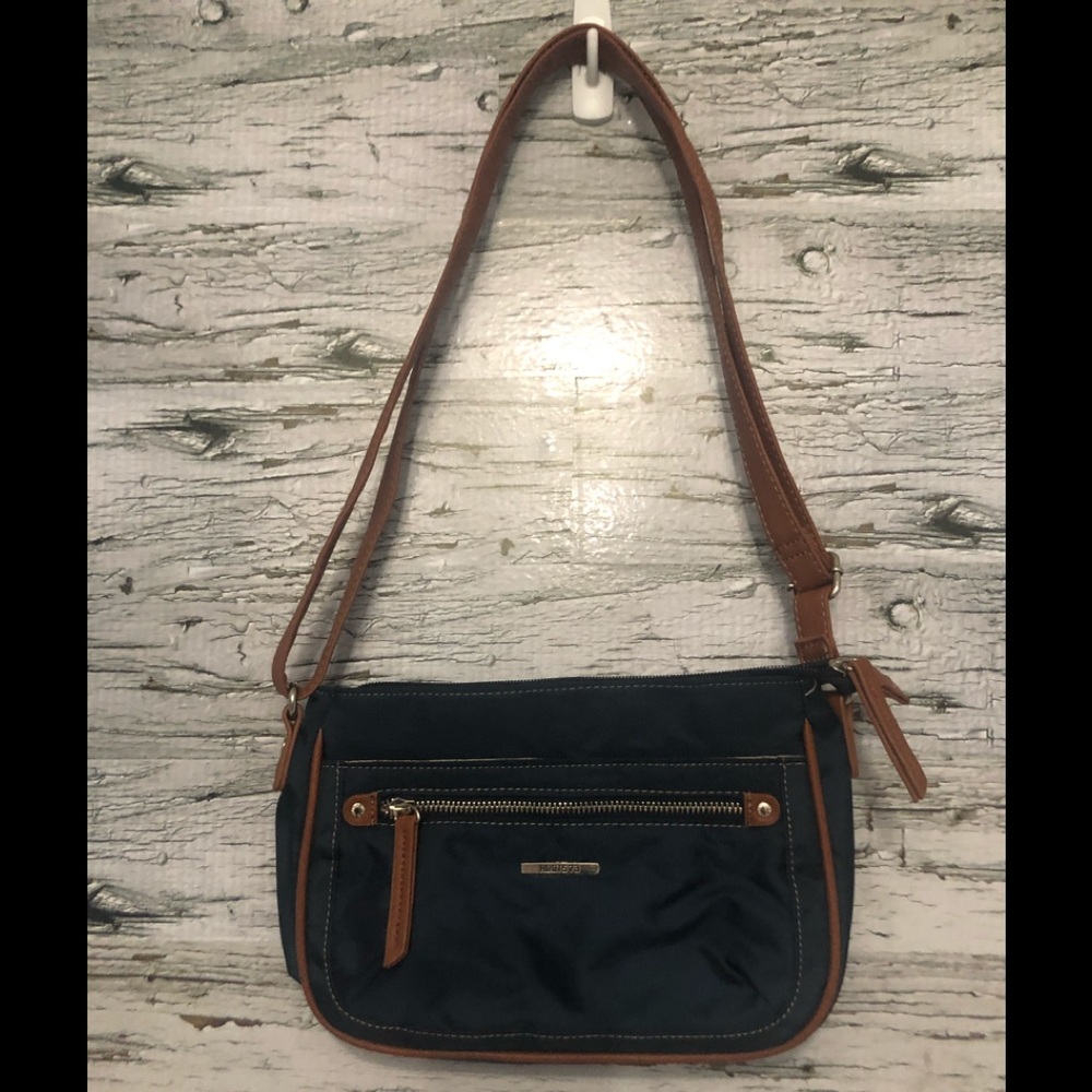 NWOT Roots navy blue and brown canvas purse - Picture 1 of 6